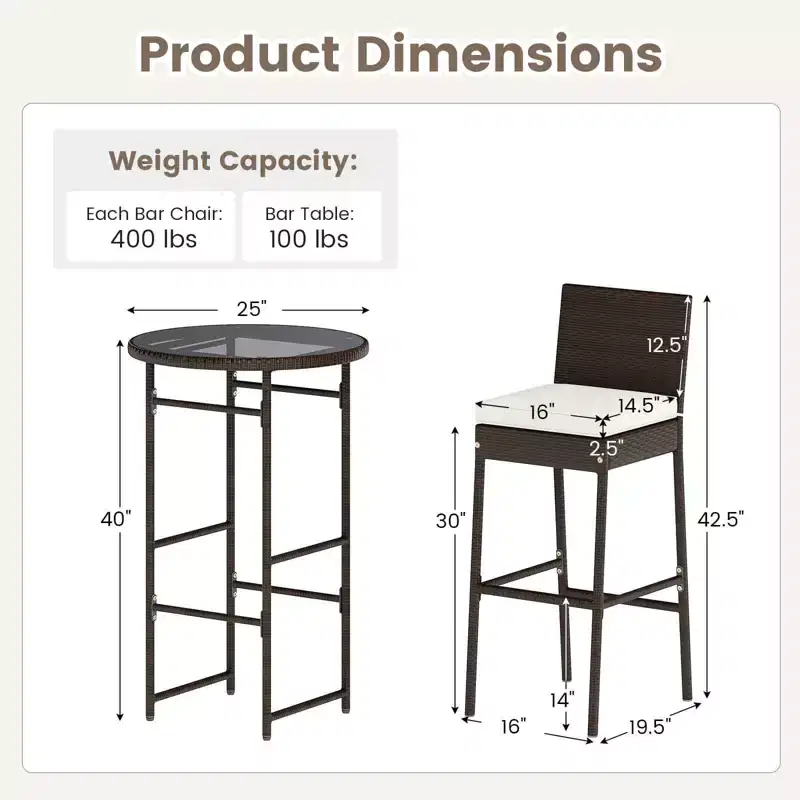 Ensemble de bar d'extérieur 3 pièces Costway Table haute et chaises en rotin de patio avec plateau en verre