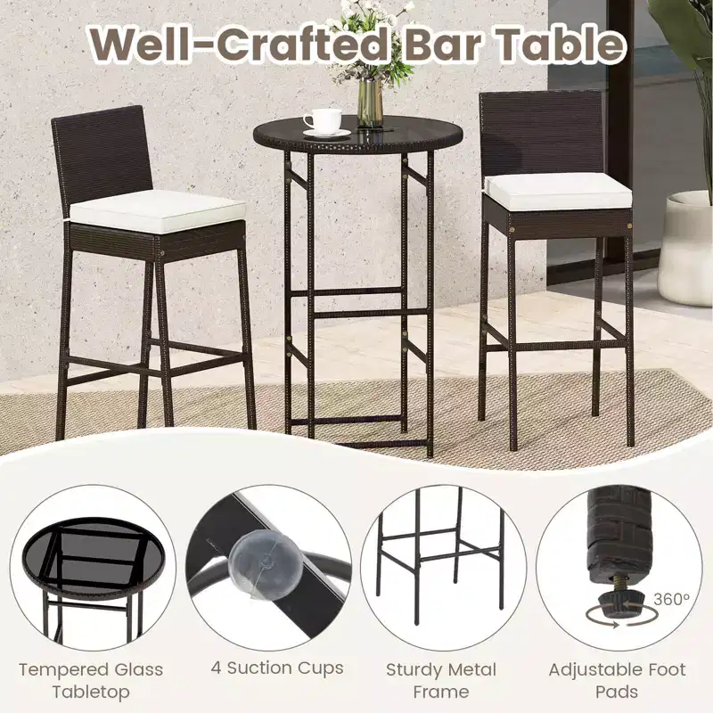 Ensemble de bar d'extérieur 3 pièces Costway Table haute et chaises en rotin de patio avec plateau en verre