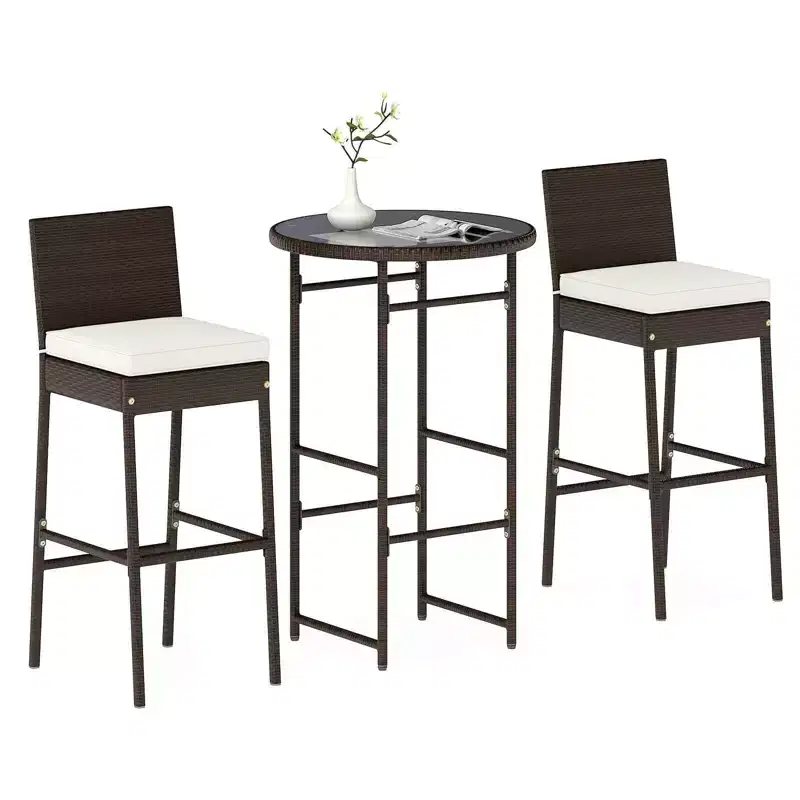 Ensemble de bar d'extérieur 3 pièces Costway Table haute et chaises en rotin de patio avec plateau en verre