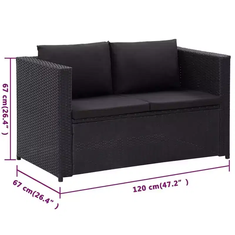 vidaXL - Salon de jardin 3 places en résine tressée avec coussins, noir - Résistant aux intempéries, cadre en acier robuste et facile à nettoyer