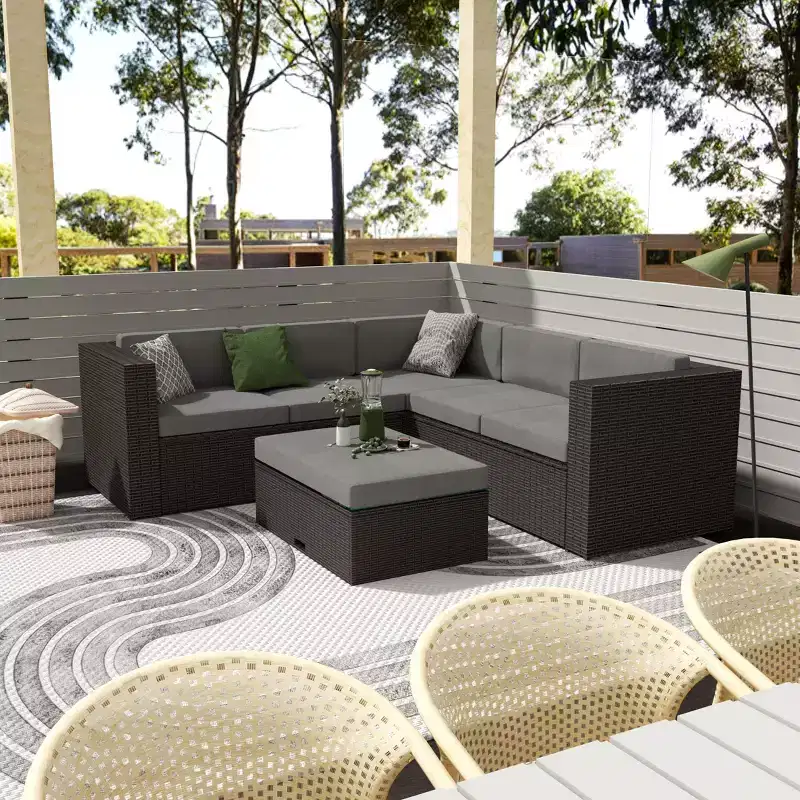 WestinTrends Salon de jardin moderne 6 places avec ottoman de rangement, marron/gris