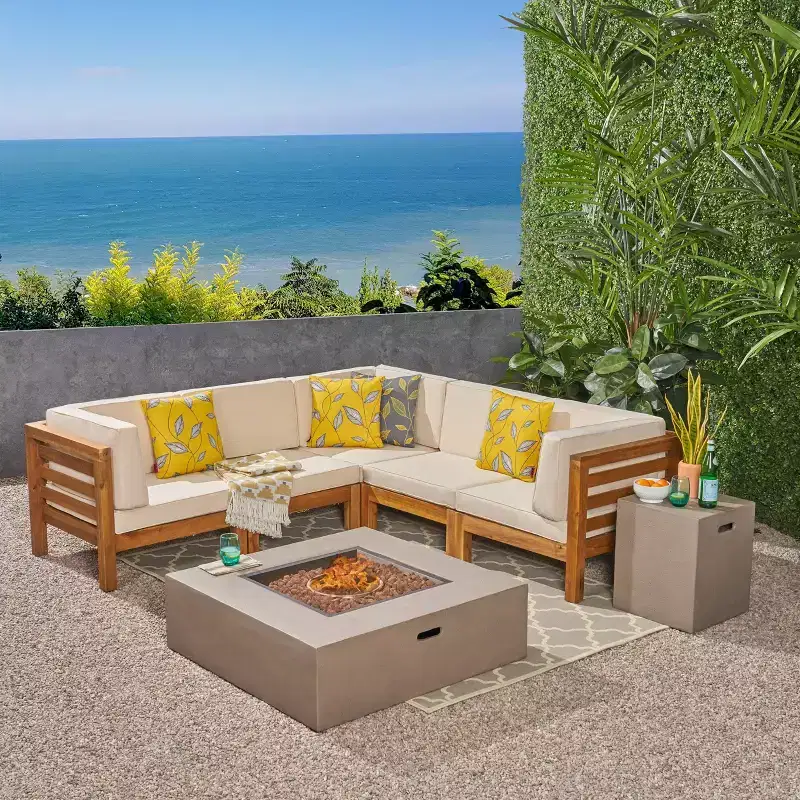 Oana, ensemble de canapés modulaires en V en acacia 7 pièces avec brasero - Teck/Beige/Gris clair - Christopher Knight Home