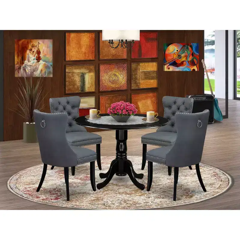 Ensemble table et chaises de salle à manger rond HomeStock, style capitonné noir