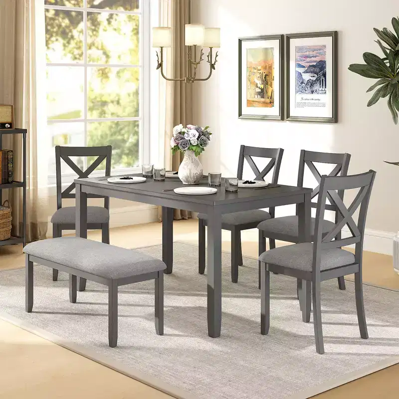 Ensemble de salle à manger en bois 6 pièces Zevemomo, comprenant 1 table à manger, 4 chaises rembourrées avec pieds en bois, 1 banc, pour salle à manger, gris
