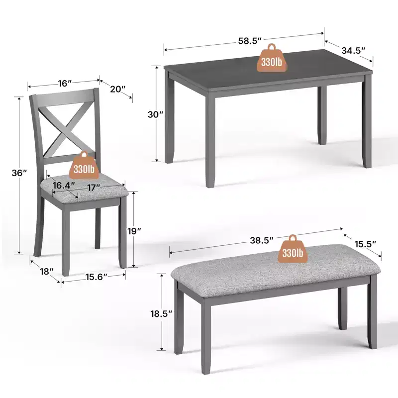 Ensemble de salle à manger en bois 6 pièces Zevemomo, comprenant 1 table à manger, 4 chaises rembourrées avec pieds en bois, 1 banc, pour salle à manger, gris