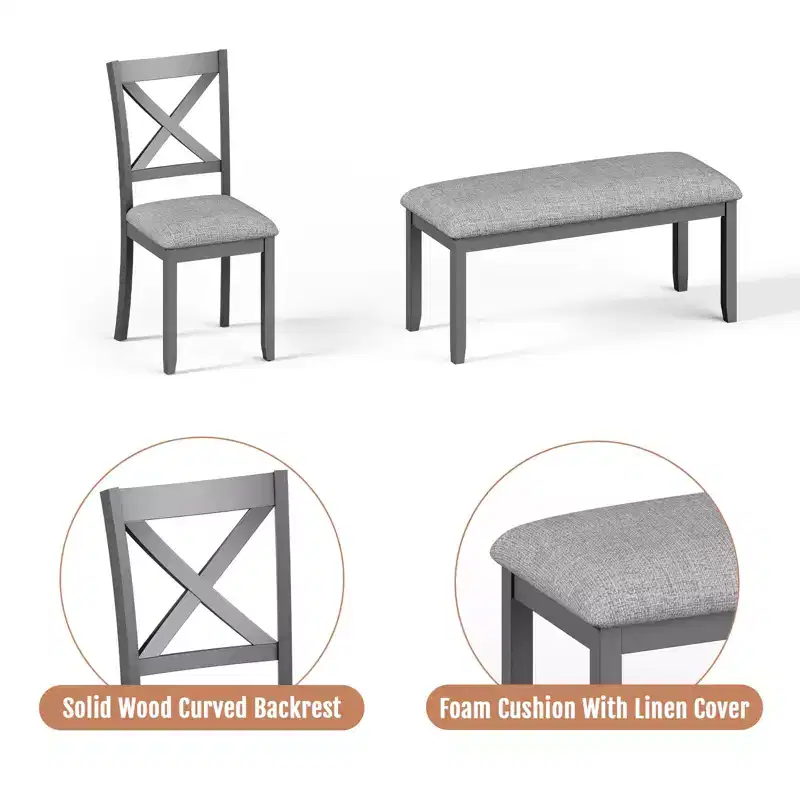 Ensemble de salle à manger en bois 6 pièces Zevemomo, comprenant 1 table à manger, 4 chaises rembourrées avec pieds en bois, 1 banc, pour salle à manger, gris