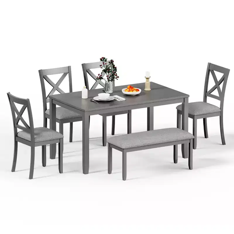 Ensemble de salle à manger en bois 6 pièces Zevemomo, comprenant 1 table à manger, 4 chaises rembourrées avec pieds en bois, 1 banc, pour salle à manger, gris