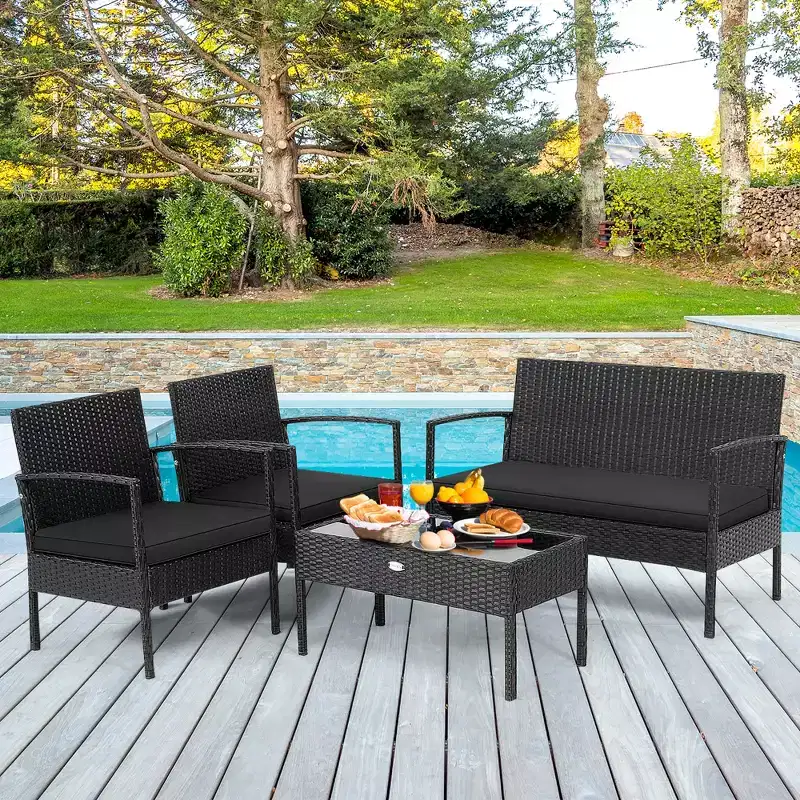 Costway Ensemble de Meubles de Jardin 4 pièces en Rotin avec Coussins, Canapé et Accoudoirs, Noir