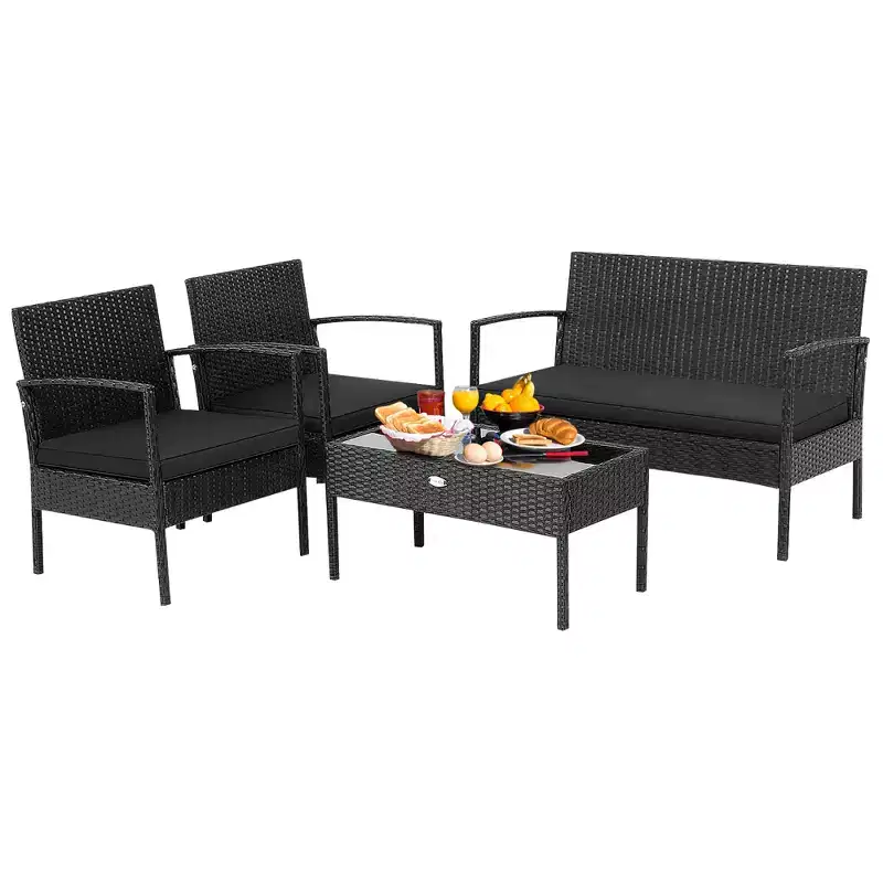 Costway Ensemble de Meubles de Jardin 4 pièces en Rotin avec Coussins, Canapé et Accoudoirs, Noir