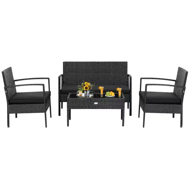 Costway Ensemble de Meubles de Jardin 4 pièces en Rotin avec Coussins, Canapé et Accoudoirs, Noir