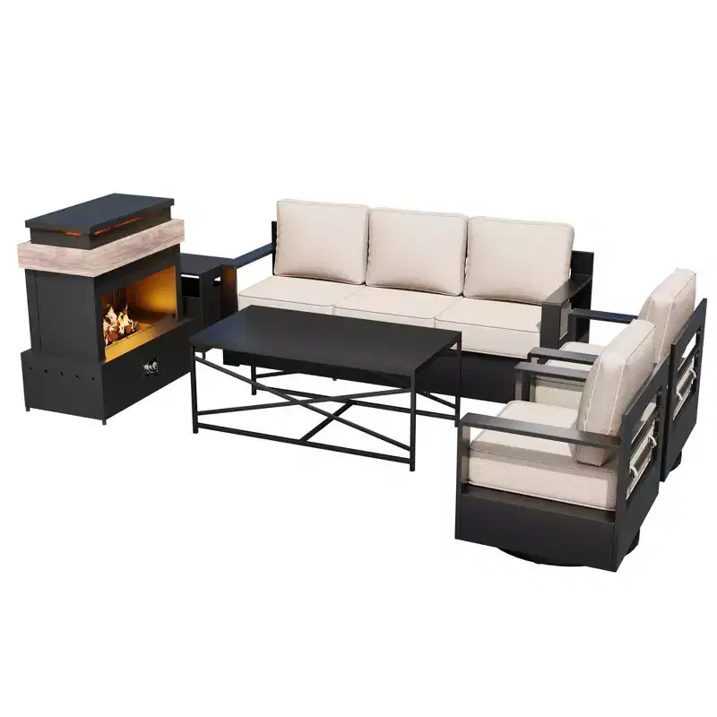 Ensemble de patio 5 pièces UPTIOT : Canapé 3 places, 2 fauteuils pivotants, table brasero et table basse avec tissu Olefin résistant aux UV