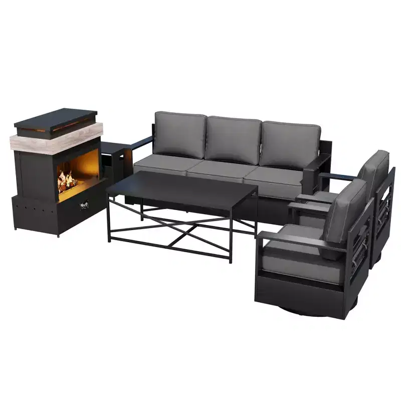 Ensemble de patio 5 pièces UPTIOT : Canapé 3 places, 2 fauteuils pivotants, table brasero et table basse avec tissu Olefin résistant aux UV