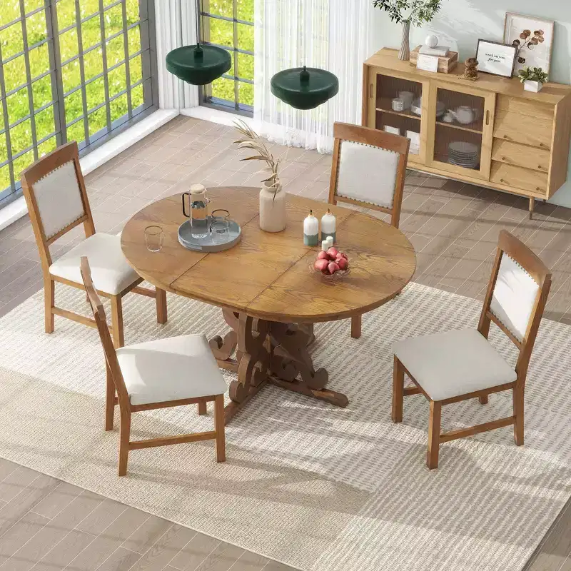Ensemble de salle à manger extensible Whisen Retro 5 pièces avec rallonge de 16 pouces et 4 chaises rembourrées