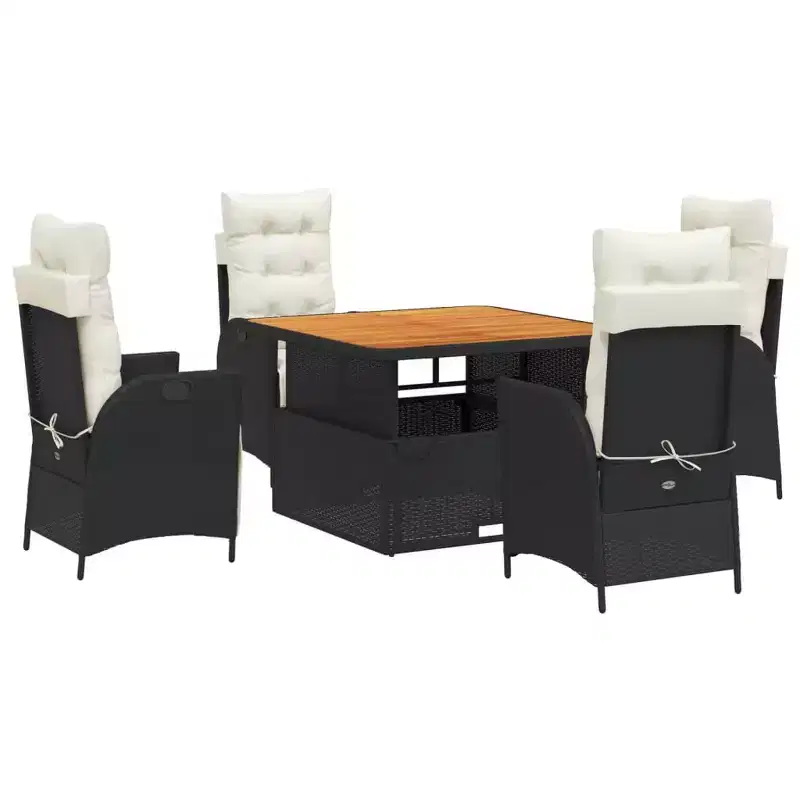 vidaXL Ensemble de salle à manger d'extérieur 5 pièces avec coussins - Chaises inclinables réglables et table relevable, rotin synthétique noir, mobilier d'extérieur résistant aux intempéries