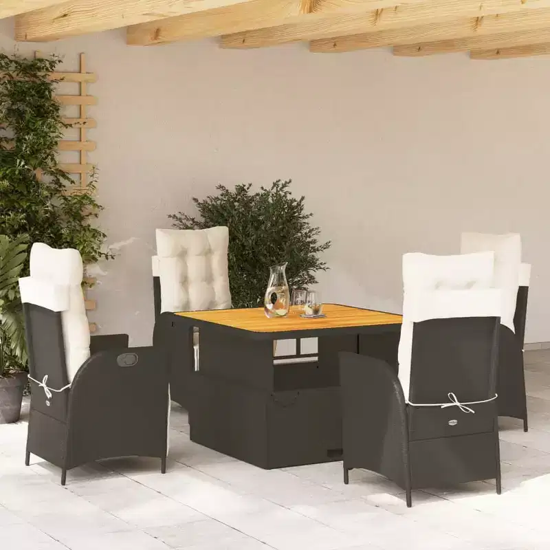 vidaXL Ensemble de salle à manger d'extérieur 5 pièces avec coussins - Chaises inclinables réglables et table relevable, rotin synthétique noir, mobilier d'extérieur résistant aux intempéries