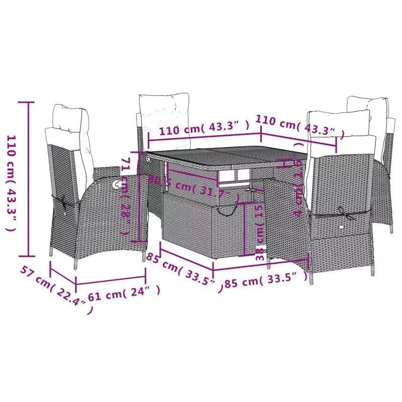 vidaXL Ensemble de salle à manger d'extérieur 5 pièces avec coussins - Chaises inclinables réglables et table relevable, rotin synthétique noir, mobilier d'extérieur résistant aux intempéries