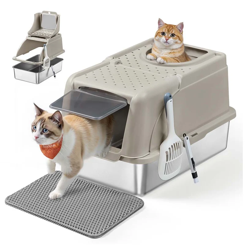 Bac à litière pour chat en acier inoxydable avec couvercle basculant grande taille design étanche pelle brosse double entrée pour chats jusqu'à 15 kg beige cappuccino 12_0004054