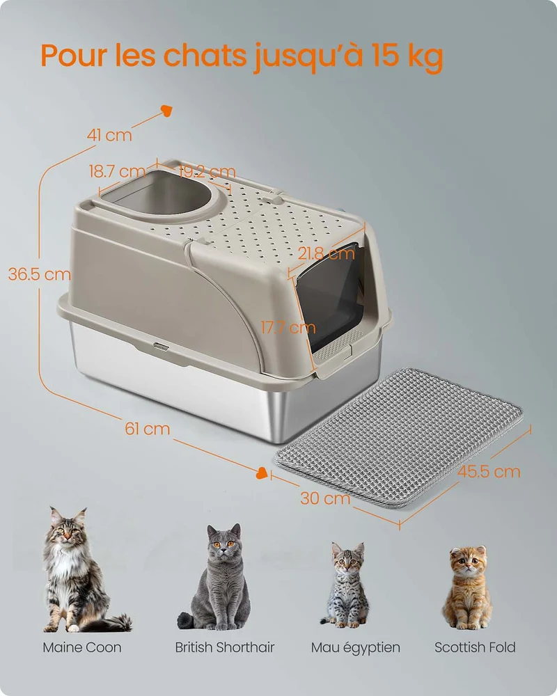 Bac à litière pour chat en acier inoxydable avec couvercle basculant grande taille design étanche pelle brosse double entrée pour chats jusqu'à 15 kg beige cappuccino 12_0004054