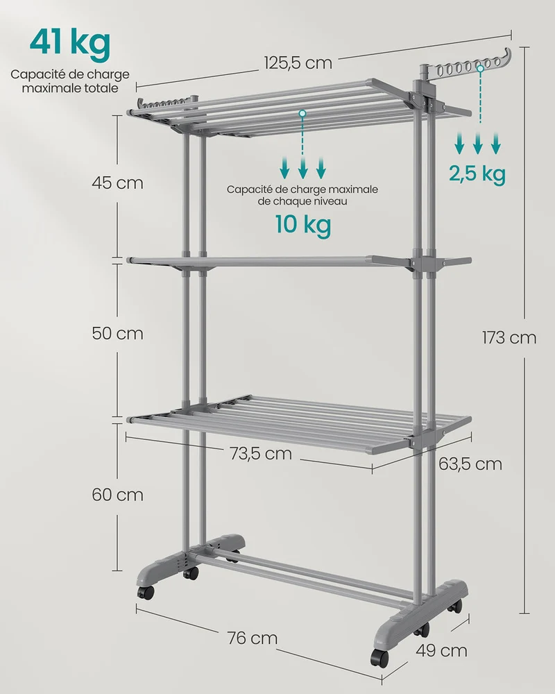 Séchoir à linge mobile pliable 63,5 x 125,5 x 173 cm grande capacité intérieur extérieur en acier gris 12_0012445