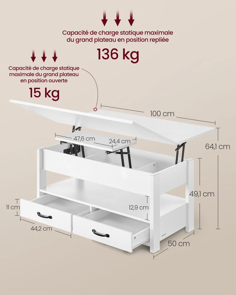 Table basse relevable avec 2 tiroirs et 3 compartiments pour salon bureau 50 x 100 x 49,1/64,1 cm en aggloméré blanc neige 12_0012396