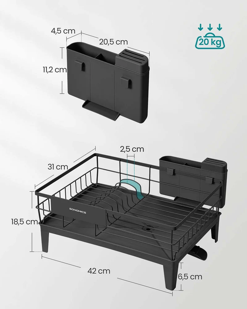Égouttoir à vaisselle extensible avec porte-couverts et bec rotatif 31 x 42 x 18,5 cm en acier noir 12_0012605