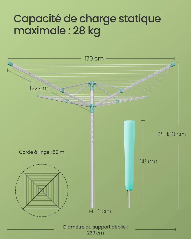 Étendoir à linge parapluie réglable extérieur 170 x 170 x 183 cm ancrage au sol finition mate en aluminium argent 12_0012328