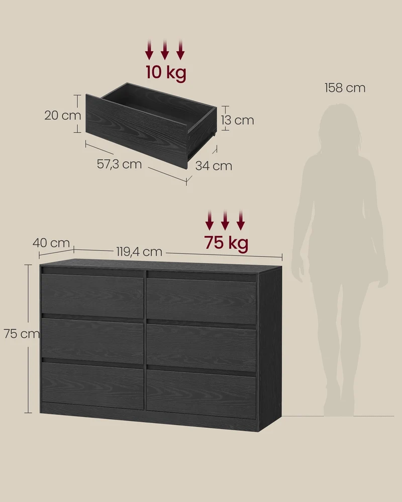 Commode de rangement moderne 40 x 119,4 x 75 cm avec 6 tiroirs fonctionnels et design élégant en aggloméré noir 12_0012287