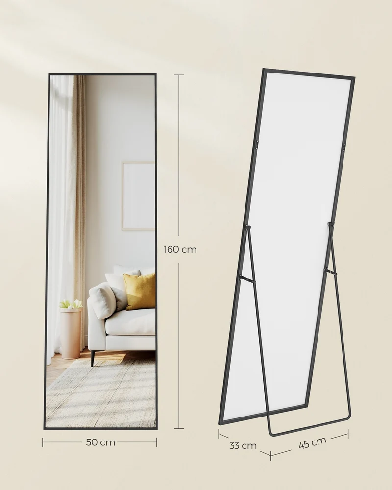 Miroir rectangulaire sur pied à poser au sol 160 x 50 cm finition mate pour chambre salon dressing en aluminium noir 12_0012614