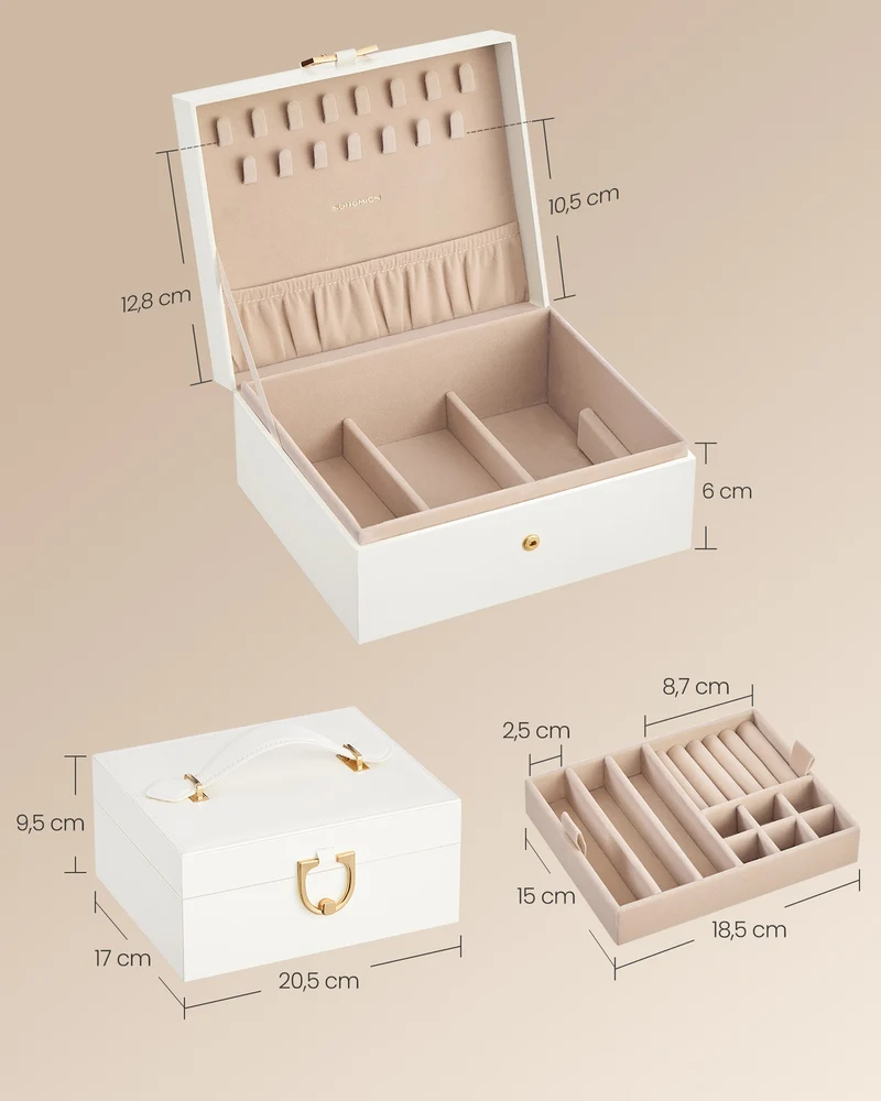 Boîte à bijoux 2 niveaux avec plateau amovible 17 x 20,5 x 9,5 cm en MDF blanc crème 12_0012532