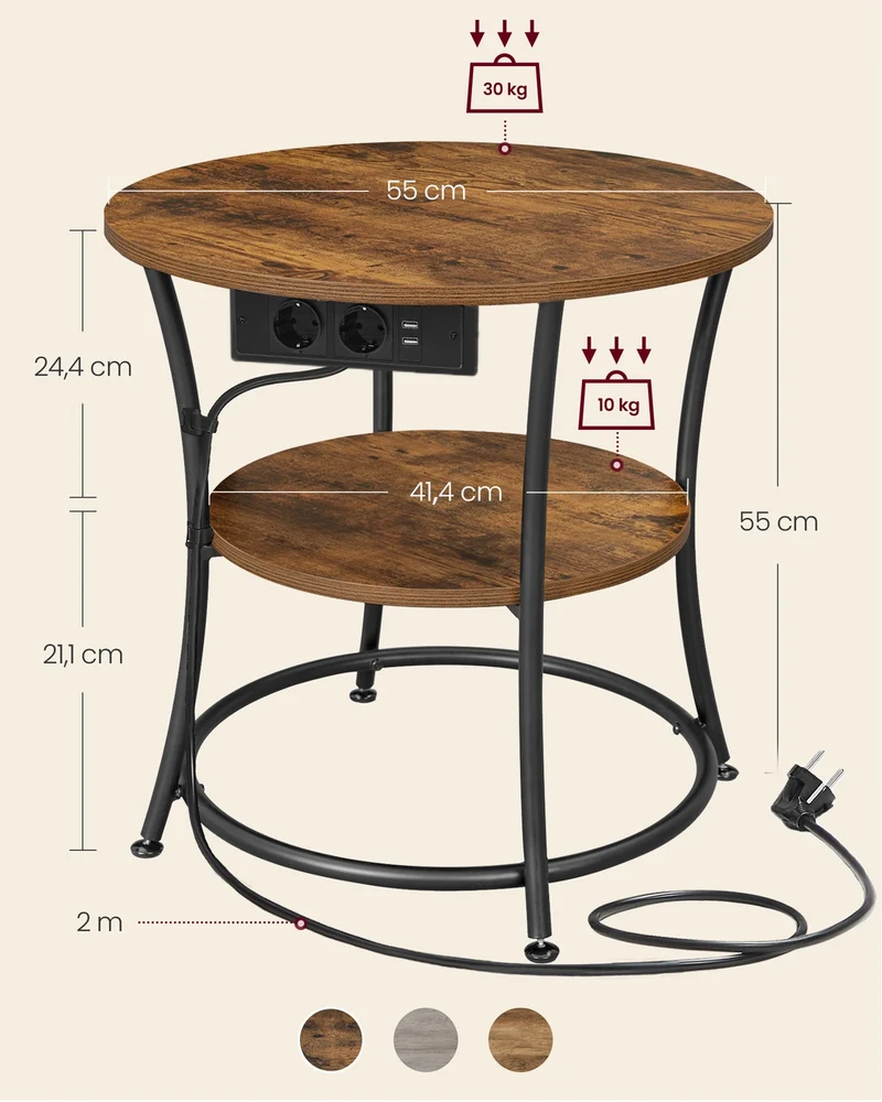 Table d'appoint ronde avec étagère inférieure pour petits espaces 55 x 55 cm style rustique en panneau d'aggloméré marron 12_0012525