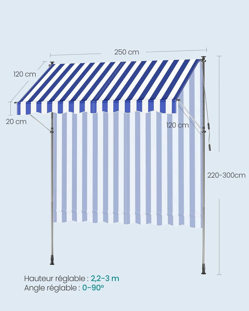 Store banne rétractable manuel réglable hauteur 250 x 120 cm protection soleil jardin terrasse en acier bleu 12_0011314