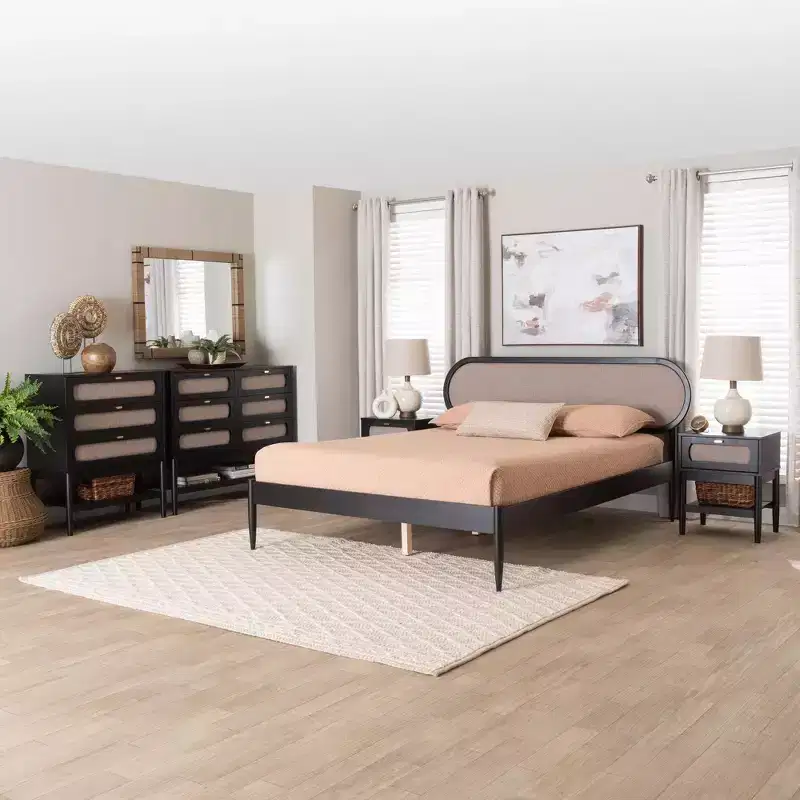 Ensemble de chambre à coucher 5 pièces Queen Baxton Studio Shirin, tissu beige et bois noir, style milieu de siècle