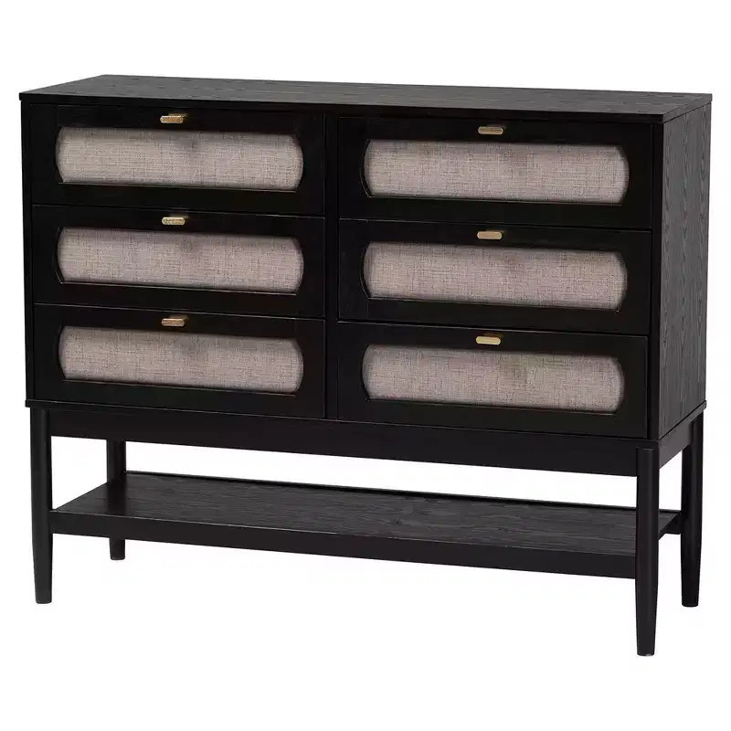 Ensemble de chambre à coucher 5 pièces Queen Baxton Studio Shirin, tissu beige et bois noir, style milieu de siècle