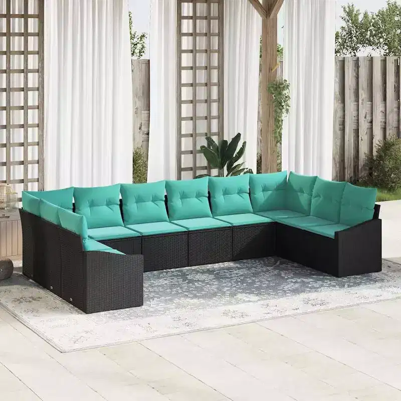 vidaXL Salon de jardin avec coussins 10 pcs noir et turquoise