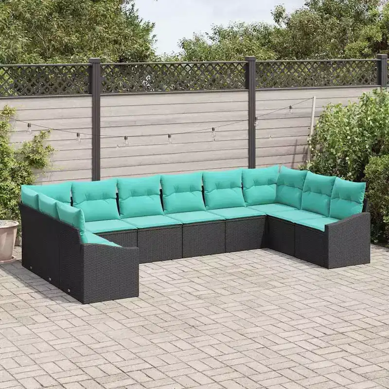 vidaXL Salon de jardin avec coussins 10 pcs noir et turquoise