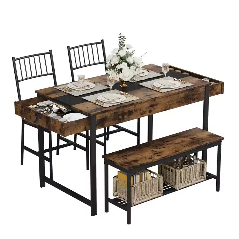 Petite table de cuisine et 2 chaises pour 4 avec banc, ensemble de table de cuisine peu encombrant avec étagère de rangement et tiroirs