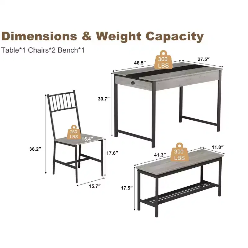 Petite table de cuisine et 2 chaises pour 4 avec banc, ensemble de table de cuisine peu encombrant avec étagère de rangement et tiroirs