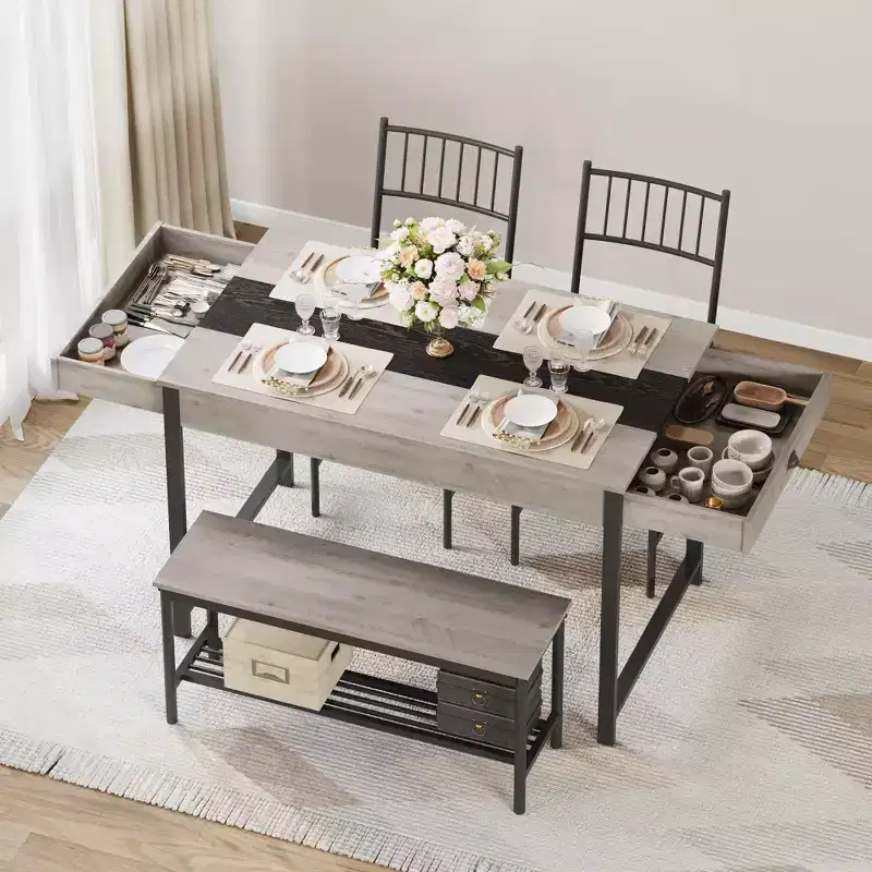 Petite table de cuisine et 2 chaises pour 4 avec banc, ensemble de table de cuisine peu encombrant avec étagère de rangement et tiroirs