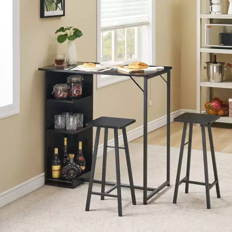 Ensemble table de bar et 2 chaises 3 pièces, table à hauteur de comptoir avec 2 tabourets et étagères de rangement, idéal pour petits espaces, appartements, cuisines