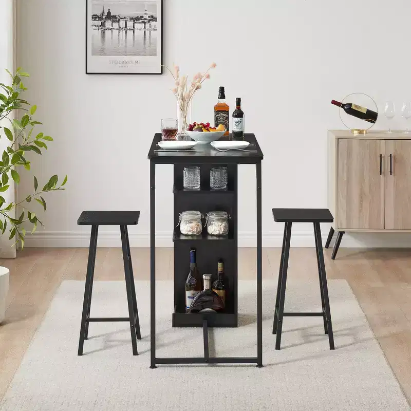 Ensemble table de bar et 2 chaises 3 pièces, table à hauteur de comptoir avec 2 tabourets et étagères de rangement, idéal pour petits espaces, appartements, cuisines