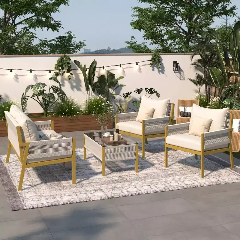 Ensemble de meubles d'extérieur 4 pièces Whisen avec table en verre trempé, salon de jardin