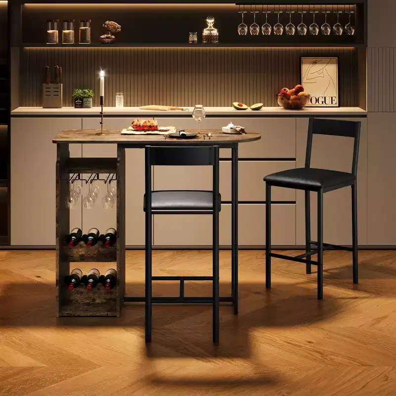 Ensemble table et chaises de bar rétro pour 2 avec casier à vin et porte-verres, ensemble table de bar hauteur comptoir avec étagère de rangement ouverte, table de salle à manger de cuisine