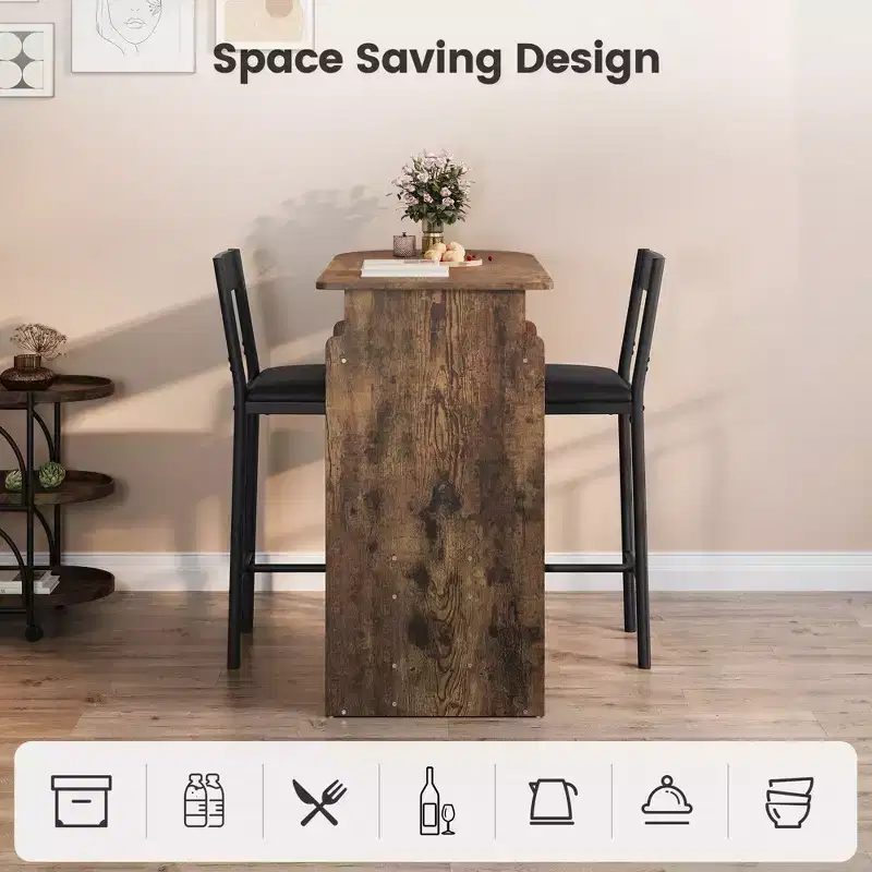 Ensemble table et chaises de bar rétro pour 2 avec casier à vin et porte-verres, ensemble table de bar hauteur comptoir avec étagère de rangement ouverte, table de salle à manger de cuisine