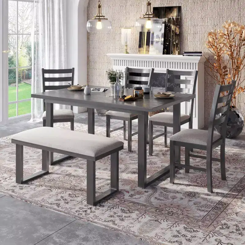 Ensemble de salle à manger rustique 6 pièces en bois avec chaises et banc, gris - ModernLuxe