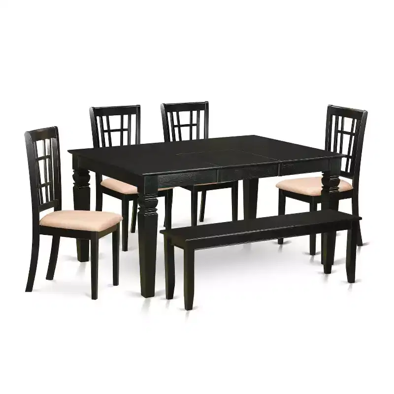 HomeStock Table à manger 6 pièces rectangulaire à plateau en bois massif finition noire avec 1 banc et 4 chaises