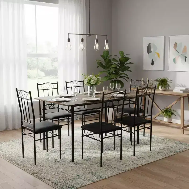 FurnitureR Table à manger rectangulaire avec 6 chaises en cuir PU, ensemble table de cuisine pour 4 à 6 personnes, marron/noir vintage