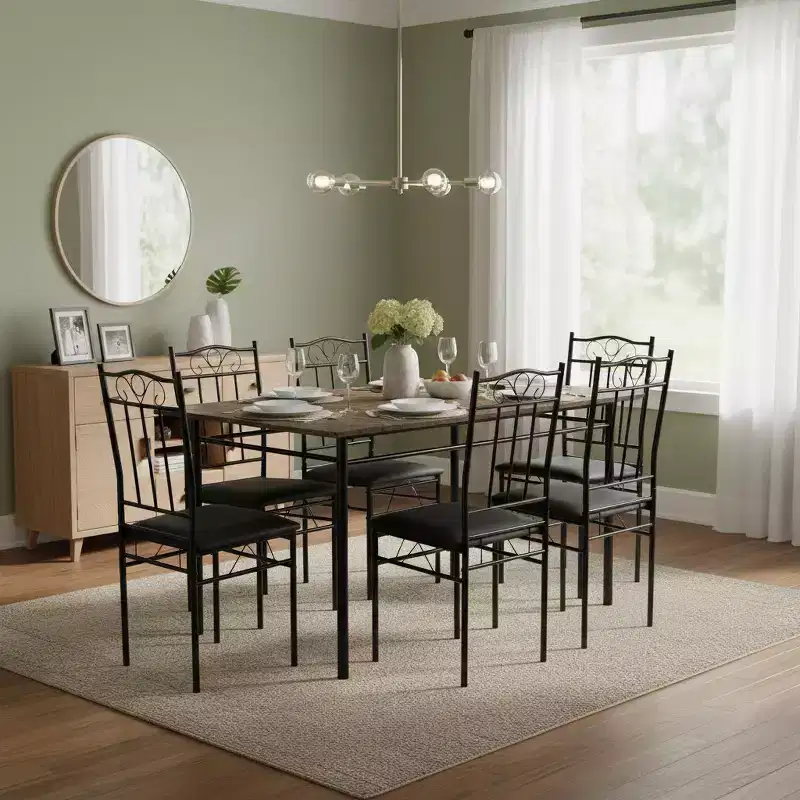 FurnitureR Table à manger rectangulaire avec 6 chaises en cuir PU, ensemble table de cuisine pour 4 à 6 personnes, marron/noir vintage