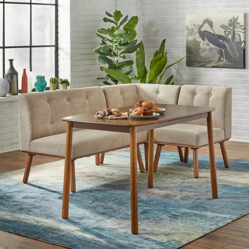 Buylateral Ensemble de salle à manger 4 pièces Playmate Mid-Century Modern Upholstered Breakfast Nook Noyer Meubles rembourrés polyvalents, Hévéa