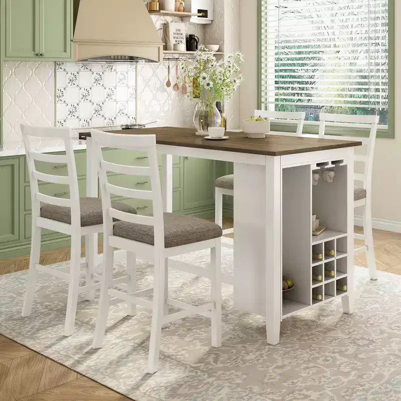 Ensemble de salle à manger 5 pièces de hauteur comptoir pour 4, table rectangulaire en bois avec étagères de rangement et compartiment à vin/barre