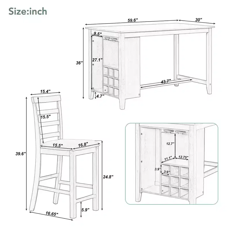 Ensemble de salle à manger 5 pièces de hauteur comptoir pour 4, table rectangulaire en bois avec étagères de rangement et compartiment à vin/barre